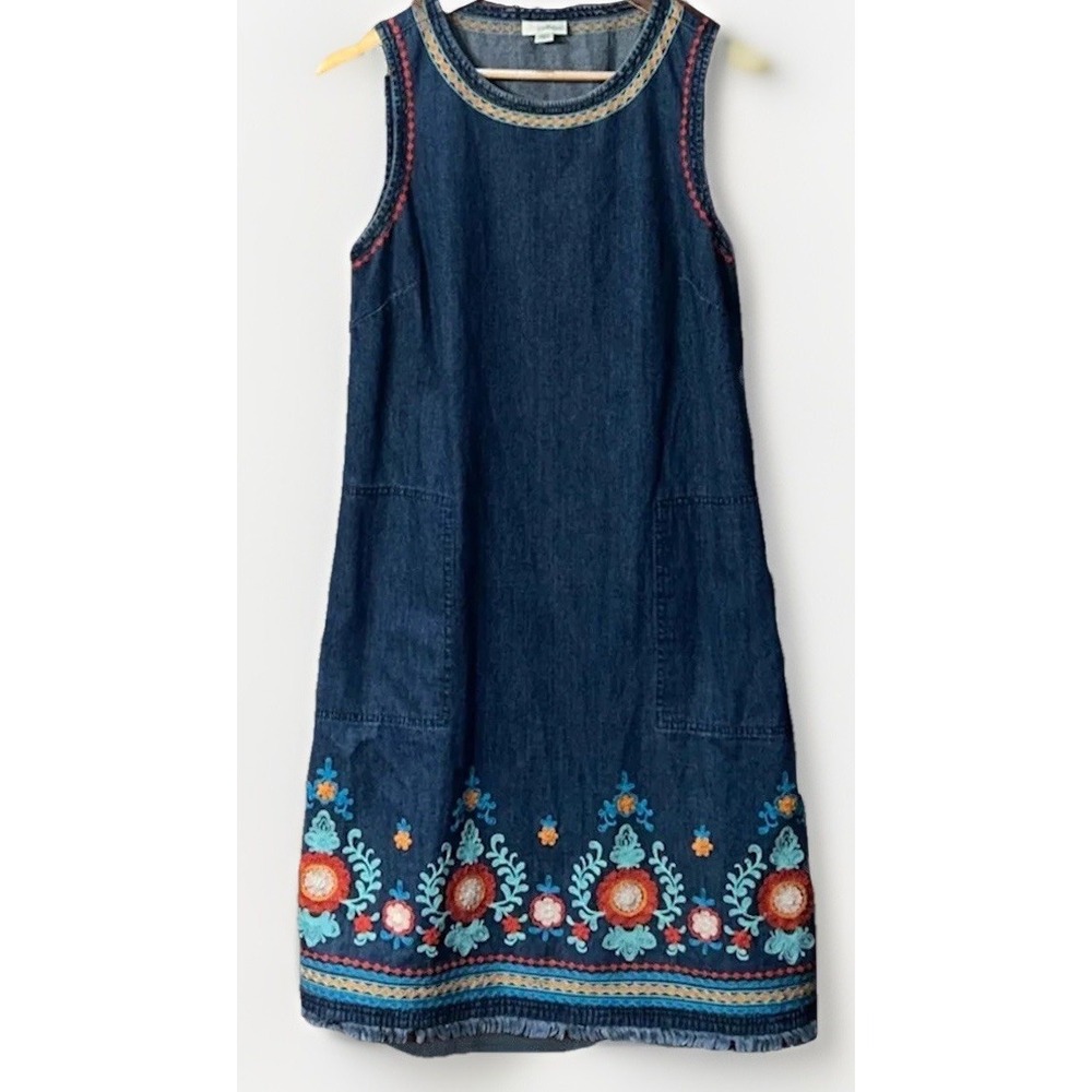 J. Jill Denim Dress Malibu Embroidered Sleeveless Sheath Sz XS Pockets